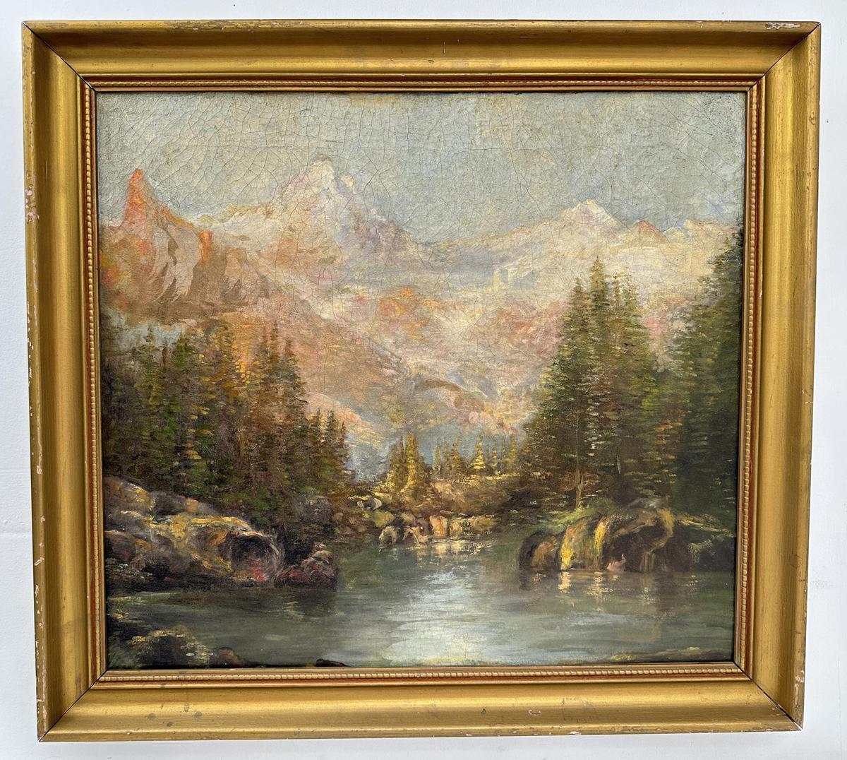 Antique Oil On Canvas Painting Mountain Lake