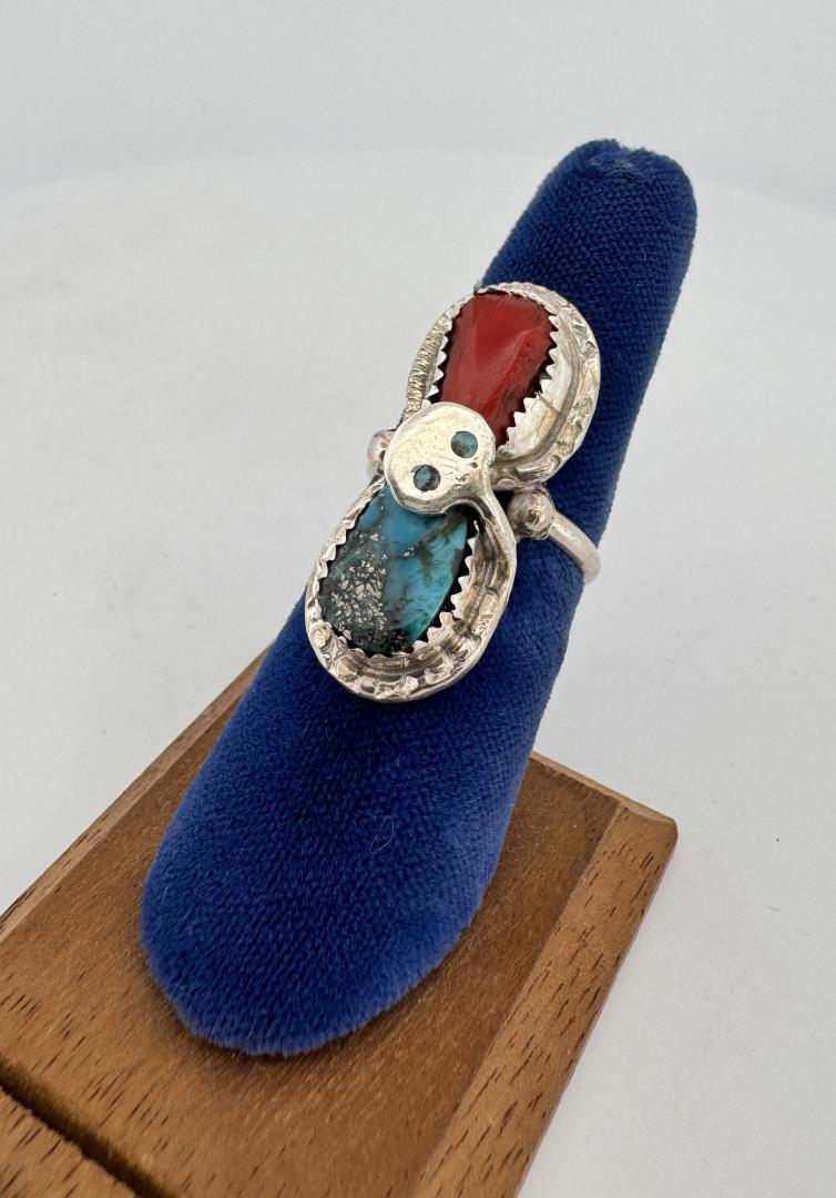 Effie Calavaza Zuni Sterling Turquoise Coral Ring