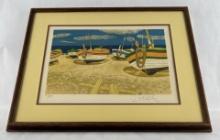Yves Ganne Signed Lithograph of Boats
