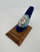 Sterling Silver Inlaid Turquoise Indian Chief Ring