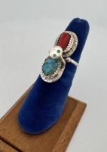 Effie Calavaza Zuni Sterling Turquoise Coral Ring