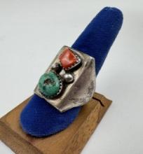 Navajo Sterling Silver Turquoise Coral Ring