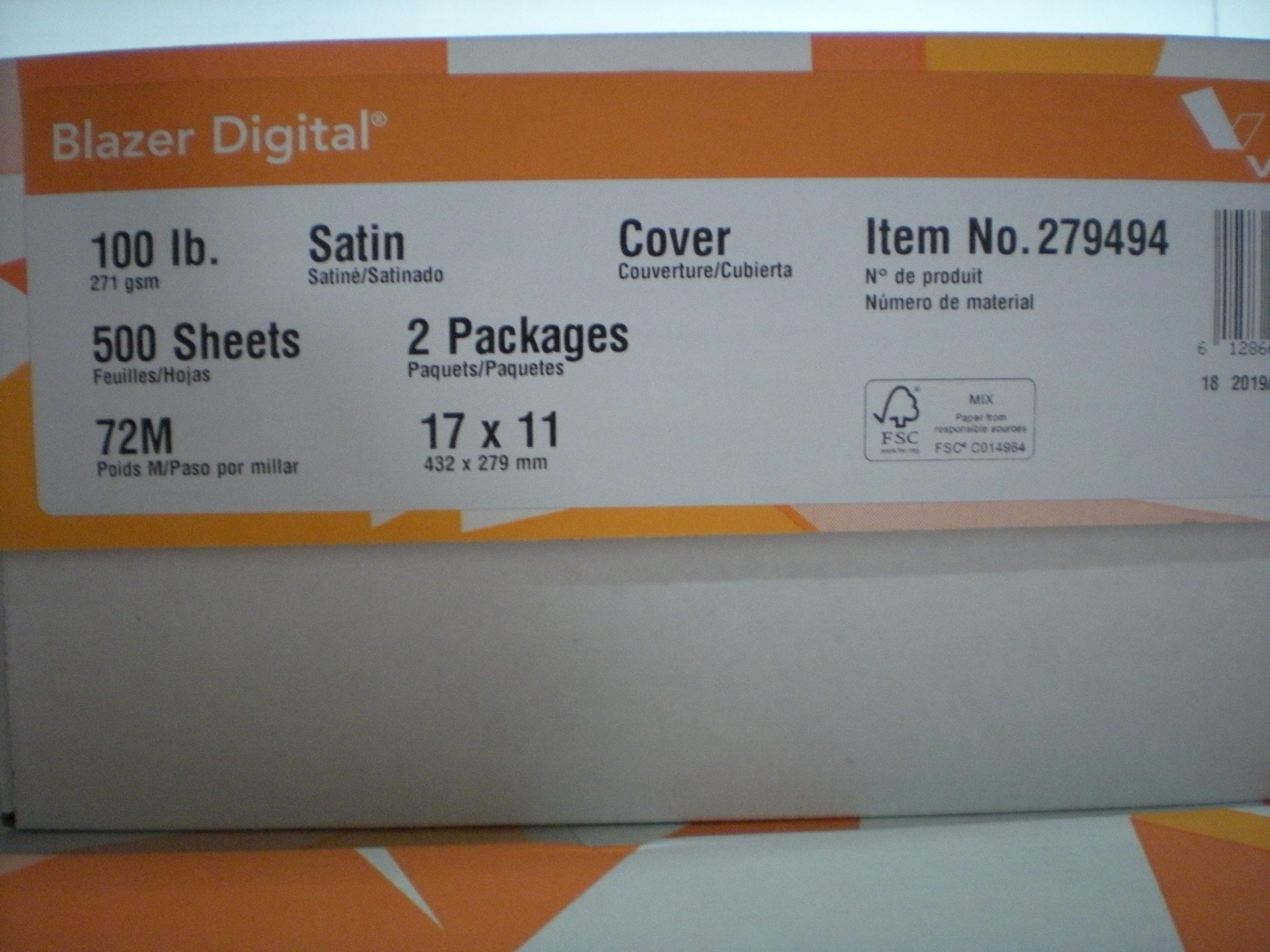 17"x 11" paper,100 lb, 2 pkg per case,250 sheets per pkg,approx 58 cases