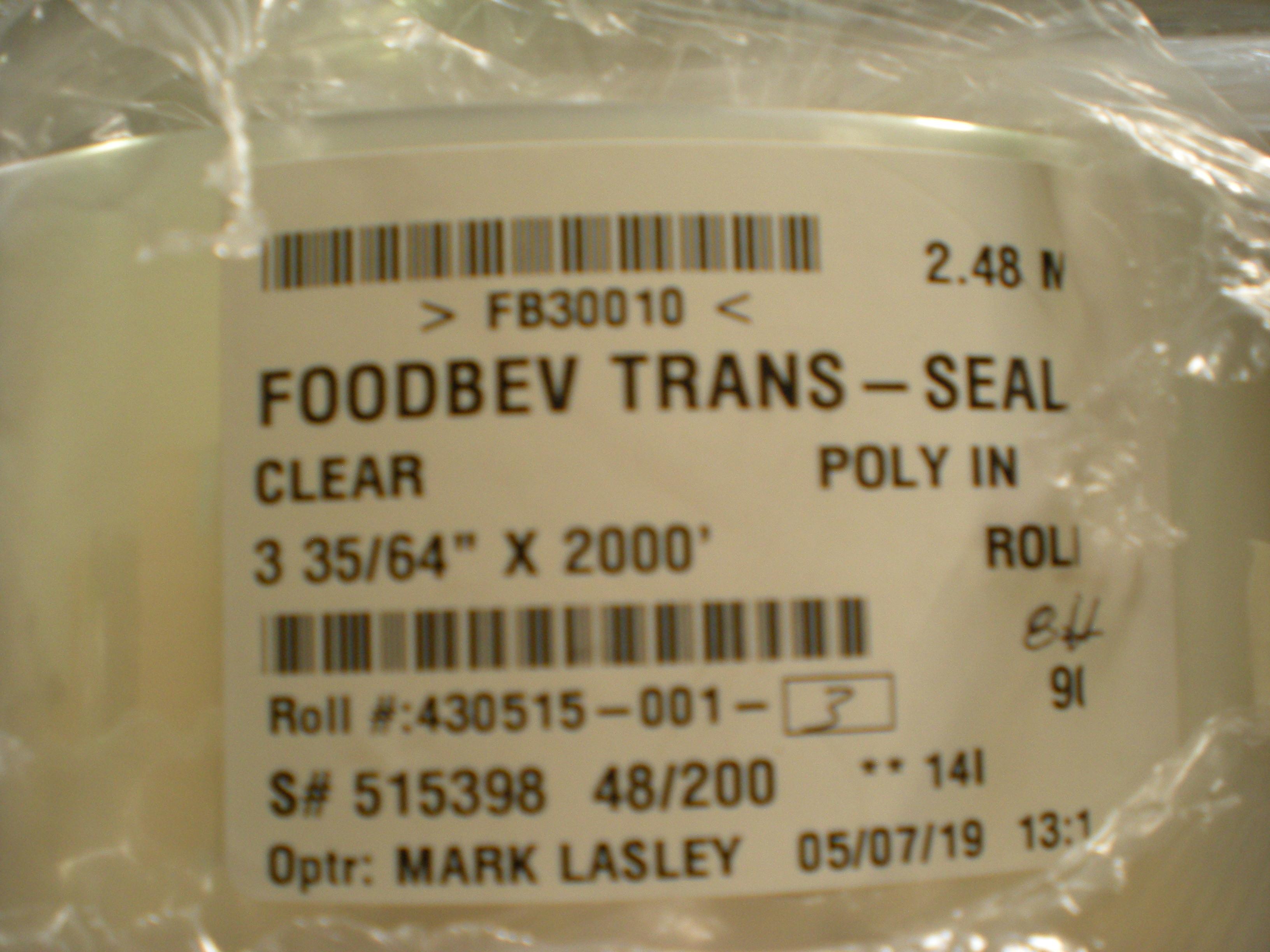 FoodBev Trans Seal 3 35/64" x 2000' clear, approx 160 rolls