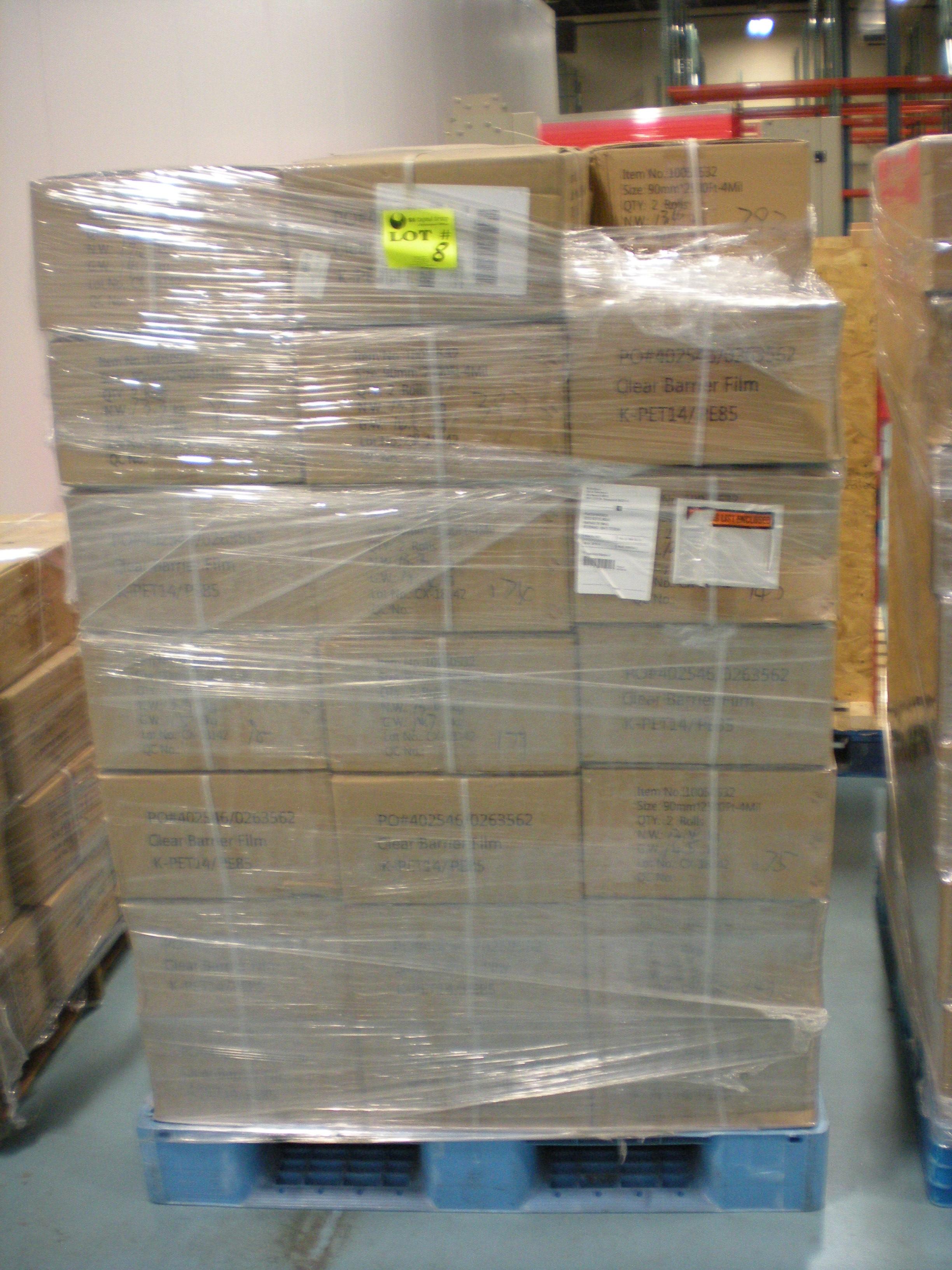 Pallet of clear barrier film,90mm x 2500',2 rolls per case,approx 62 cases
