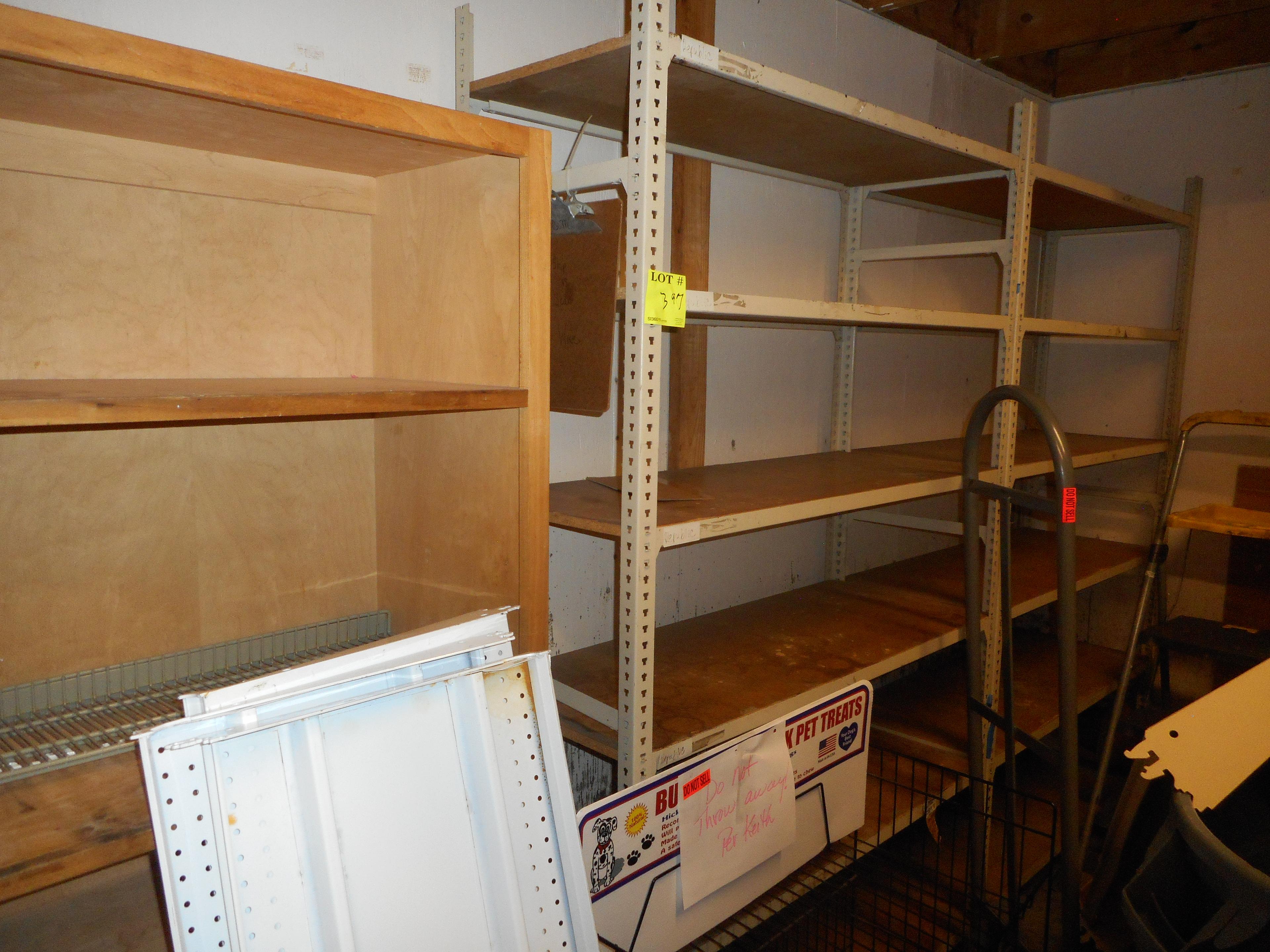 CONTENTS OF ROOM INCLUDING WOOD SHELF, 8' SHELF UNIT, 8' WALL SHELVING, 4 T