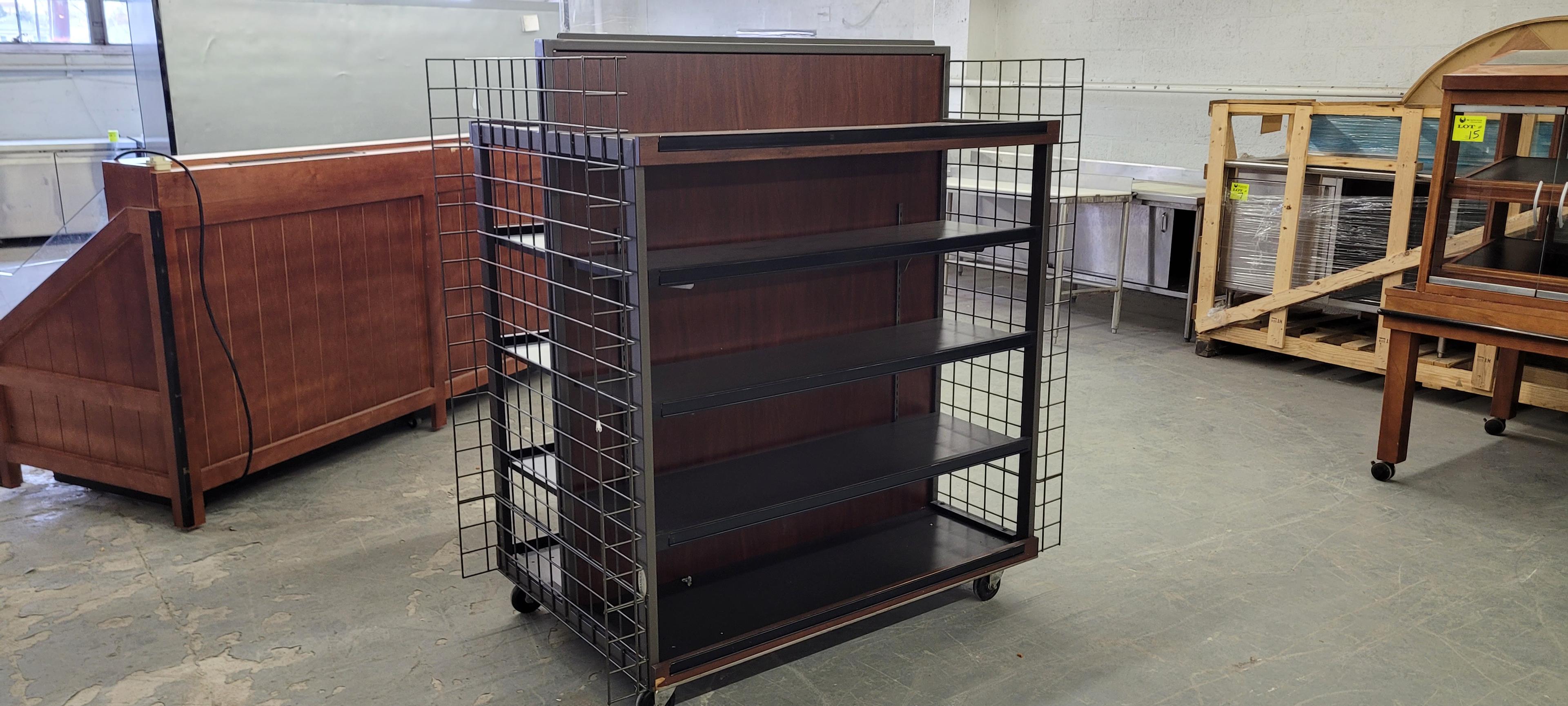 MOBILE DOUBLE SIDED MERCHANDISER WITH GRID ENDS 61"W X 36"D X 64"H