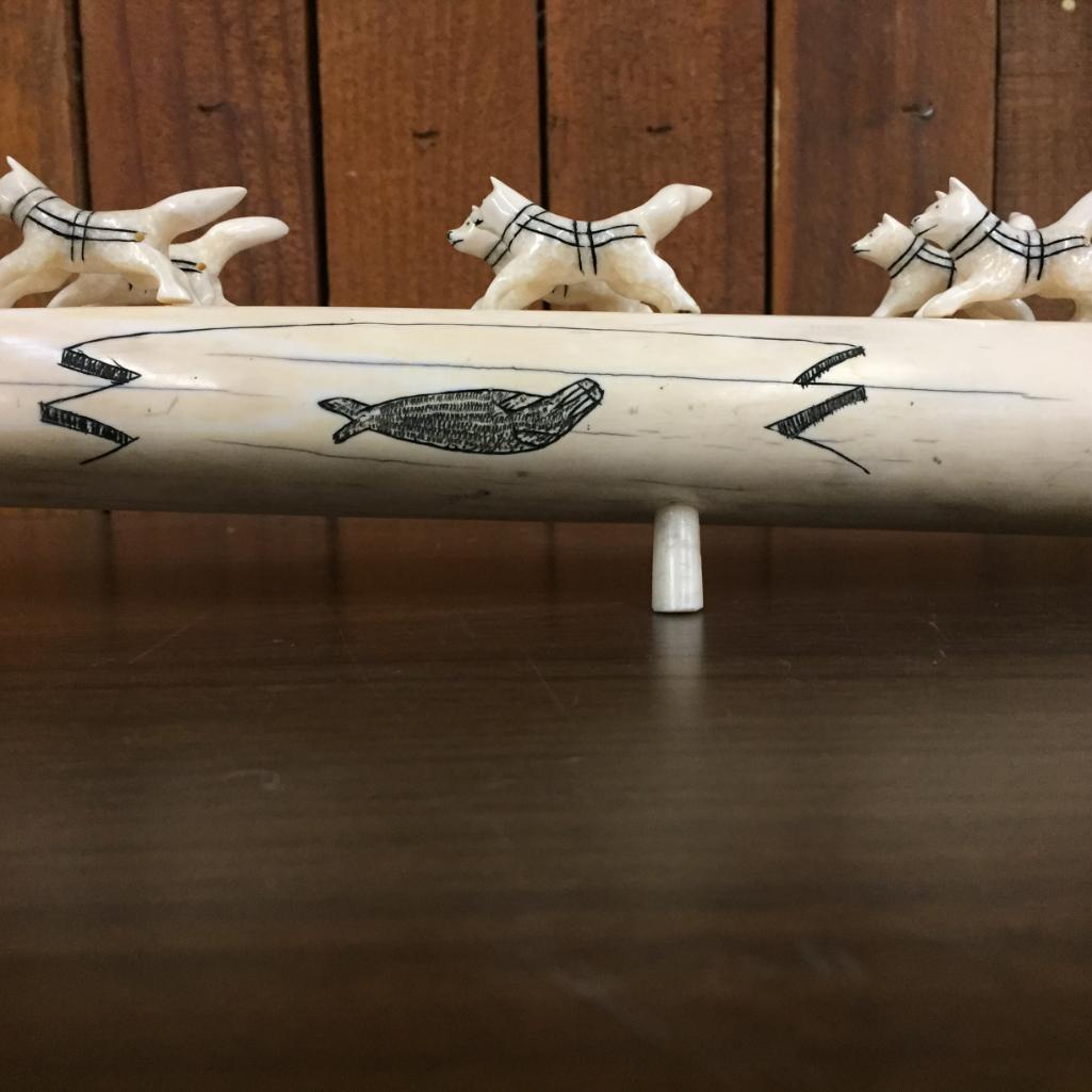 Large Alaskan Carved Walrus Ivory "Dog Sled" - Signed