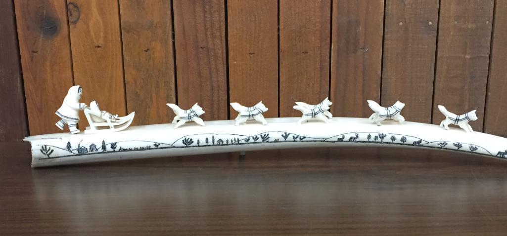 Large Alaskan Carved Walrus Ivory "Dog Sled" - Signed