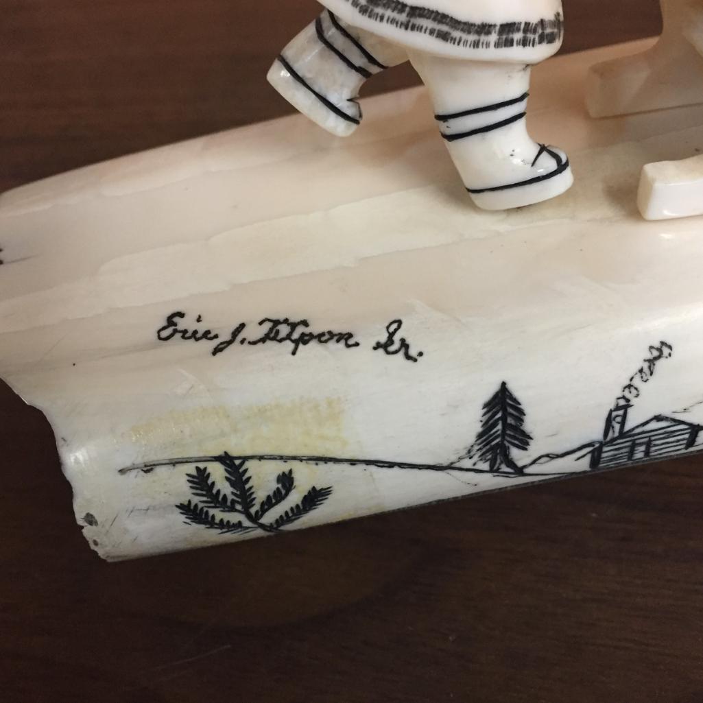 Large Alaskan Carved Walrus Ivory "Dog Sled" - Signed