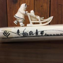 Large Alaskan Carved Walrus Ivory "Dog Sled" - Signed