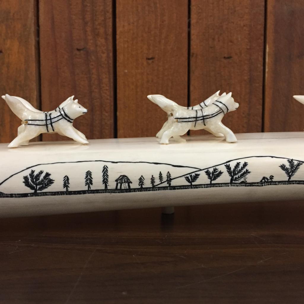 Large Alaskan Carved Walrus Ivory "Dog Sled" - Signed