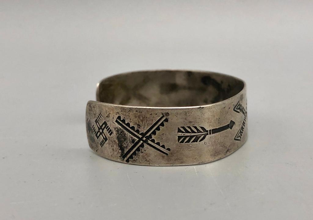 Antique Sterling Silver Bracelet with Arrows and Whirling Log Symbols