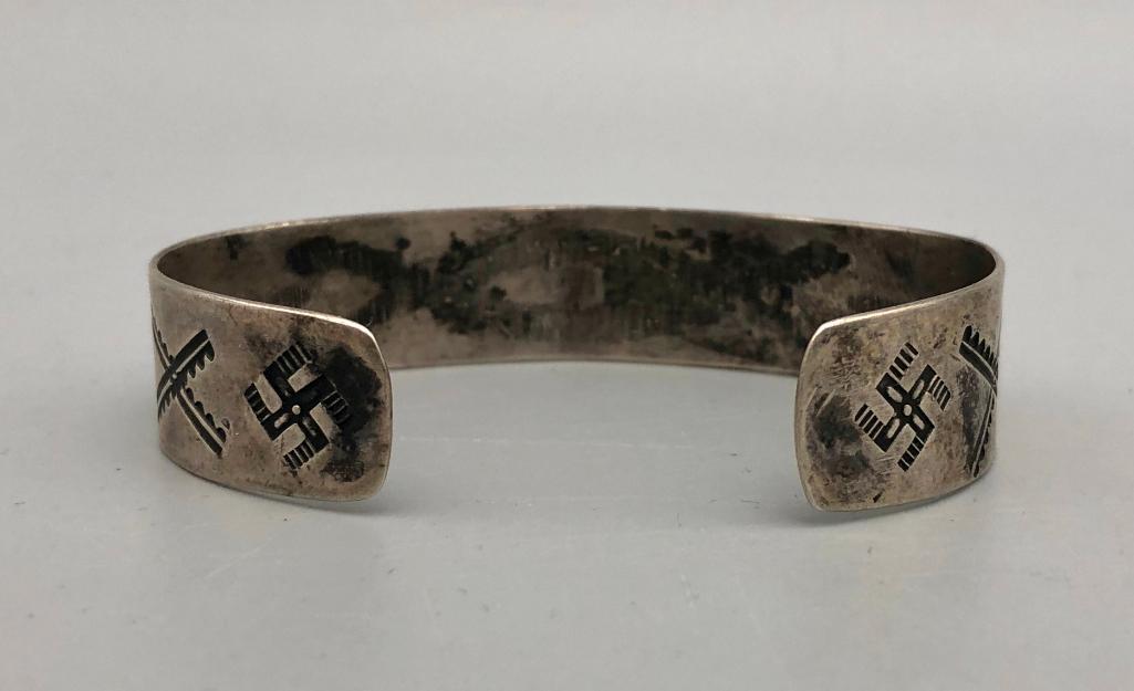 Antique Sterling Silver Bracelet with Arrows and Whirling Log Symbols