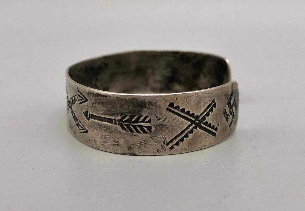 Antique Sterling Silver Bracelet with Arrows and Whirling Log Symbols