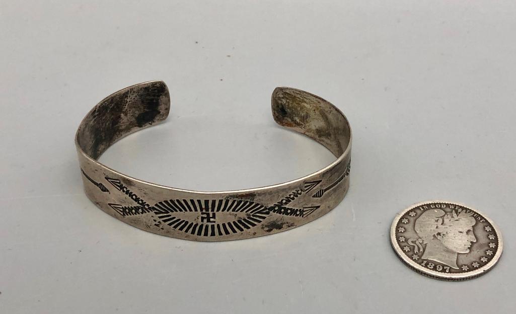 Antique Sterling Silver Bracelet with Arrows and Whirling Log Symbols