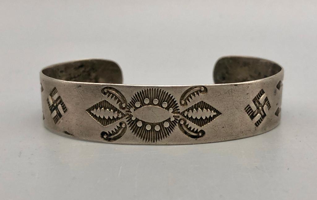 Antique Sterling Silver Bracelet with Arrows and Whirling Log Symbols