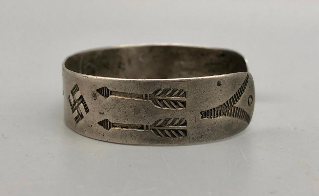 Antique Sterling Silver Bracelet with Arrows and Whirling Log Symbols