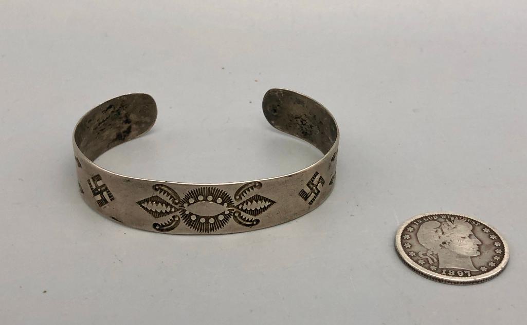 Antique Sterling Silver Bracelet with Arrows and Whirling Log Symbols