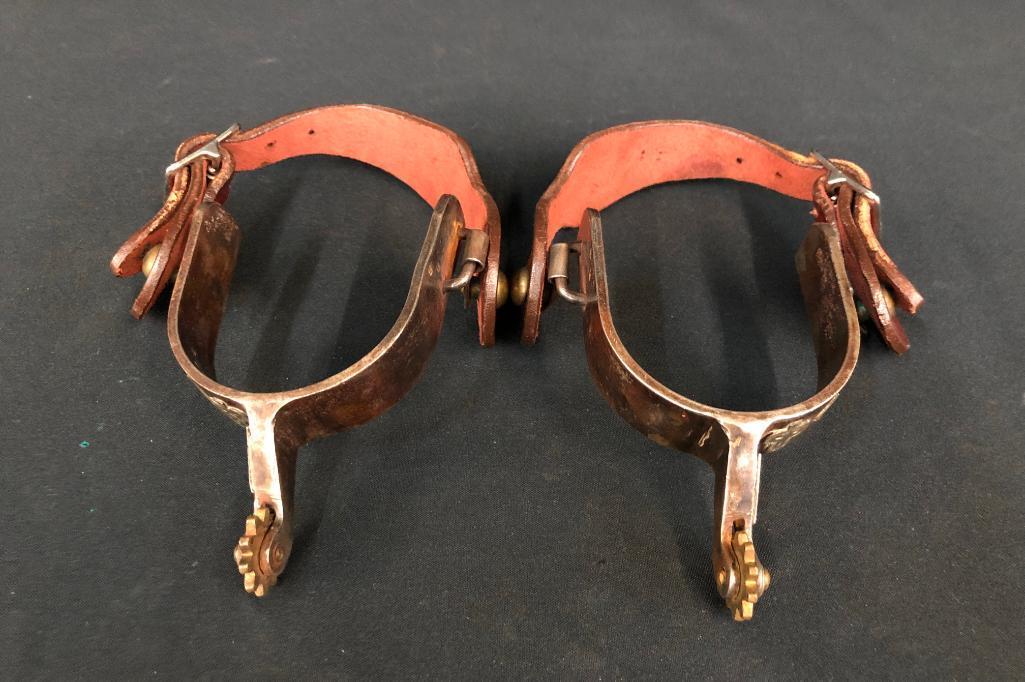 Two Pair of Spurs, Kangaroo Leather "Git Down" Bridle Case