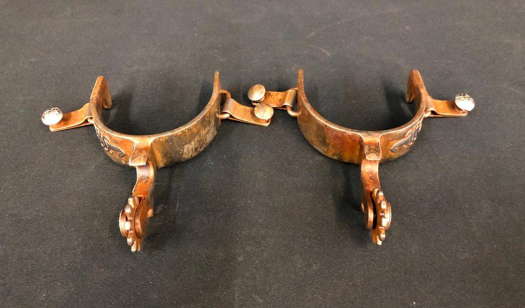 Two Pair of Spurs, Kangaroo Leather "Git Down" Bridle Case