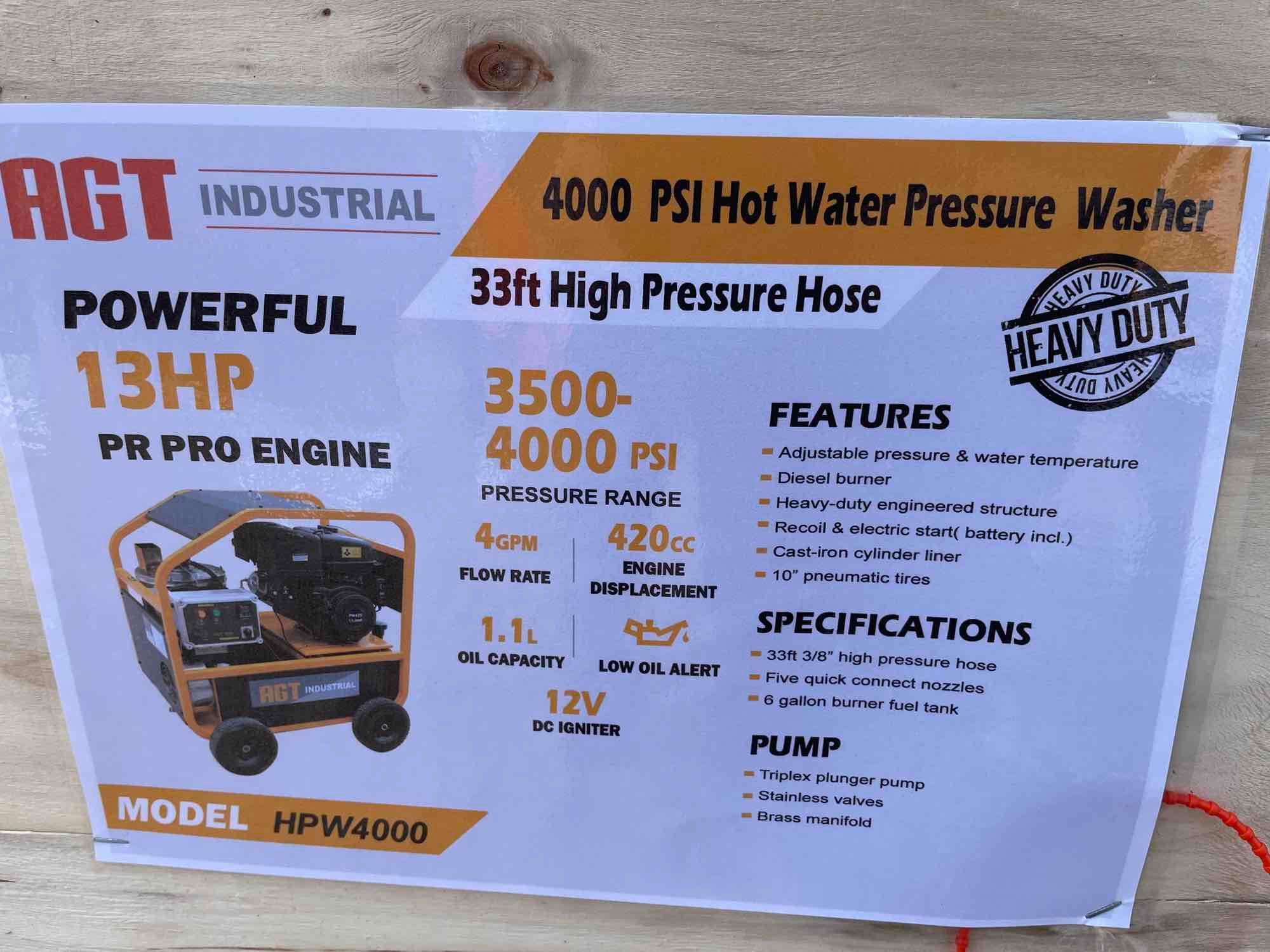 NEW/UNUSED AGT Industrial 3500-4000 PSI Hot Pressure Washer