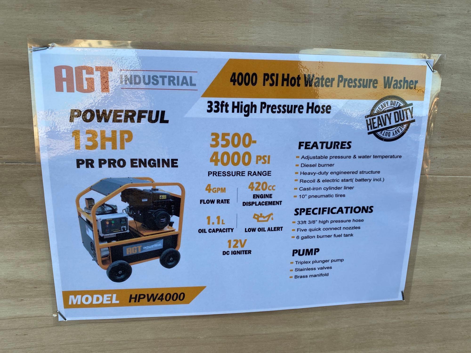 NEW/UNUSED AGT Industrial 3500-4000 PSI Hot Pressure Washer