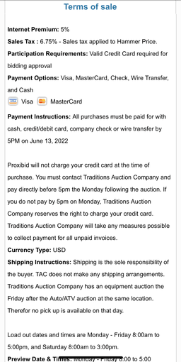 Traditions Auction Terms