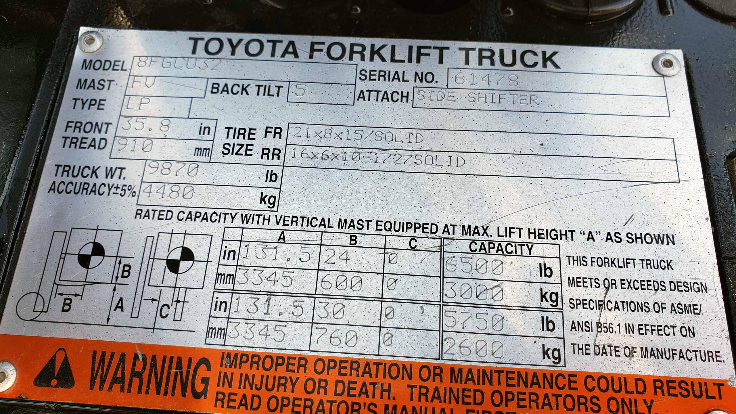 LPG FORKLIFT,  TOYOTA 6,500-LB. BASE CAP. MDL. 8FGCU32, Mfg. 2014, LPG engi