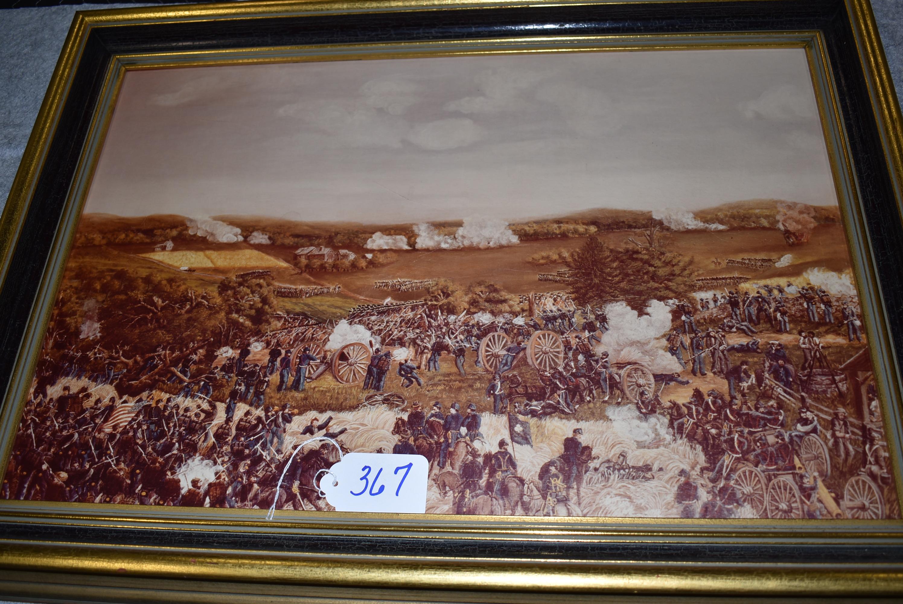 Print of painting of battle, probably Pickett's Charge at Gettysburg