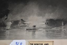 Black and white print of the battle between the U.S.S. Monitor and the C.S.S. Virginia (Merrimac)