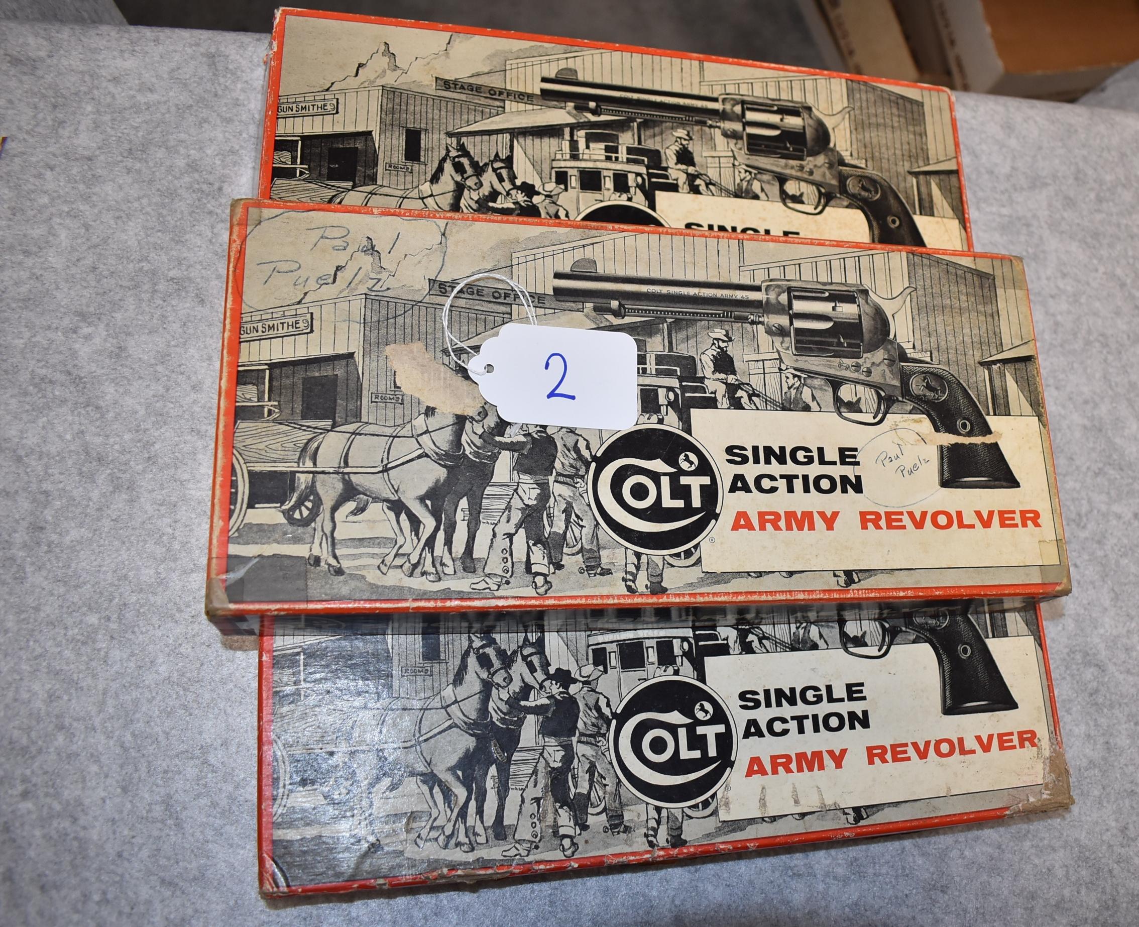 3 Colt Single Action Army 2nd Generation Revolver 2pc. Stage Coach Boxes