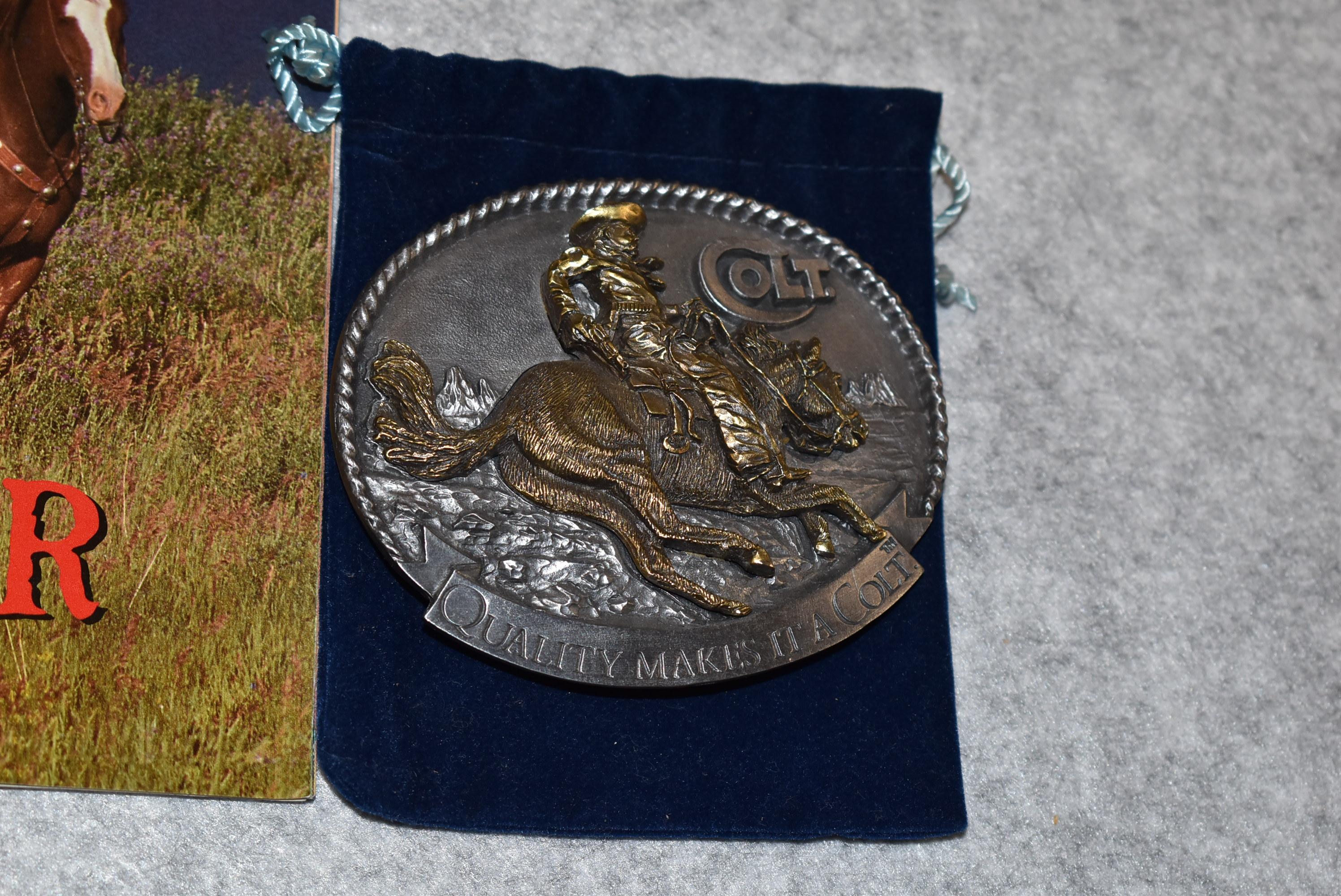 Colt Belt Buckle – “Quality Makes It A Colt” – Shows Horse Mounted Cowboy – w/Factory Felt Bag & Col