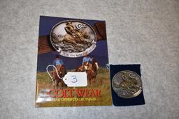 Colt Belt Buckle – “Quality Makes It A Colt” – Shows Horse Mounted Cowboy – w/Factory Felt Bag & Col