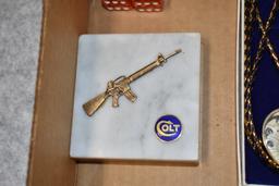 Lot of 7 Various Colt Collector Items – Including Knives, Colt AR-15 Paper Weight, Bolo Tie, Dice &