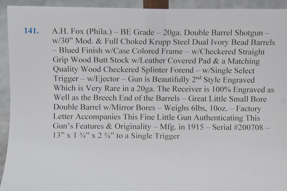 A.H. Fox (Phila.) – BE Grade – 20ga. Double Barrel Shotgun