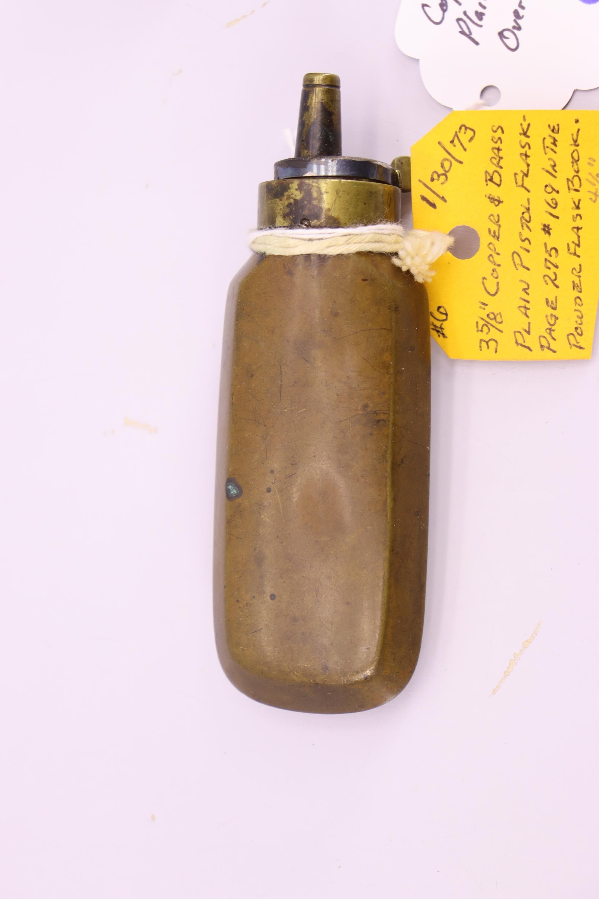 Pair of Powder Flasks – 1st Copper and Brass Fluted Pistol Flask, Overall Length is 4 ½” – 2nd Coppe