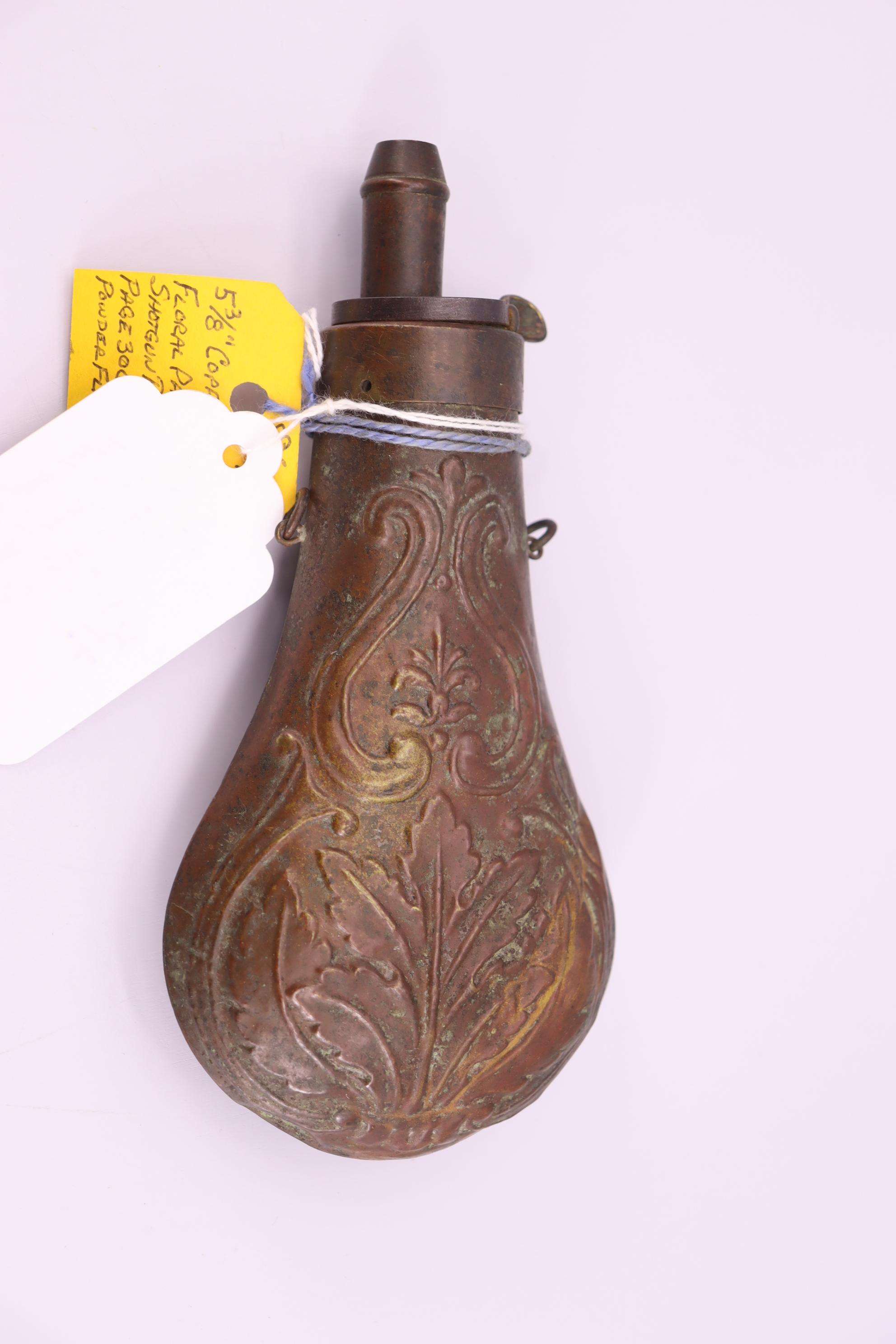 Pair of Powder Flasks – 1st Copper and Brass Shell with Bush Scarce Pistol Flask, Overall Length is