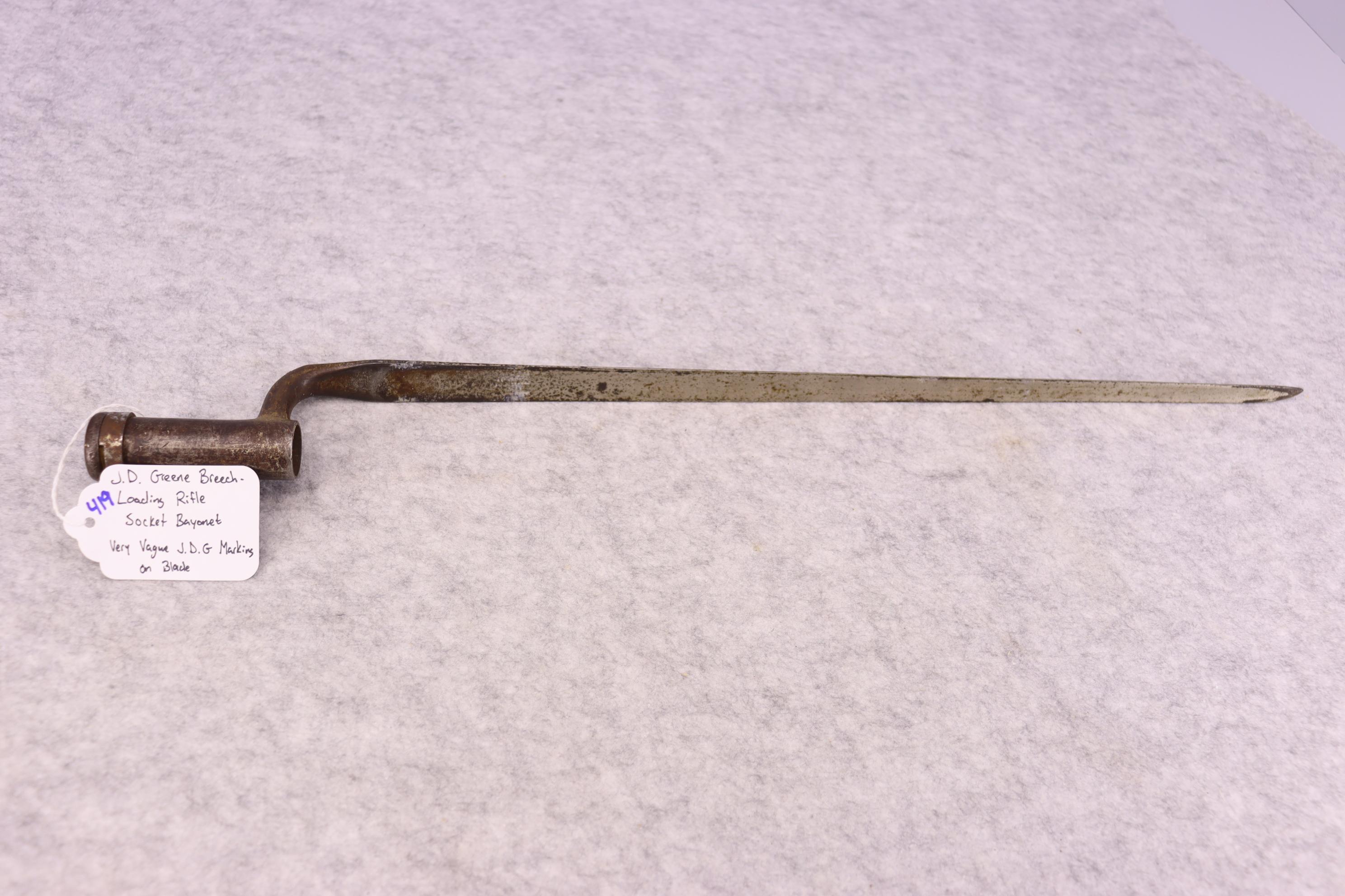 J.D. Greene Breech – Loading Rifle Socket Bayonet – Very Vague J.D.G Marking on Blade