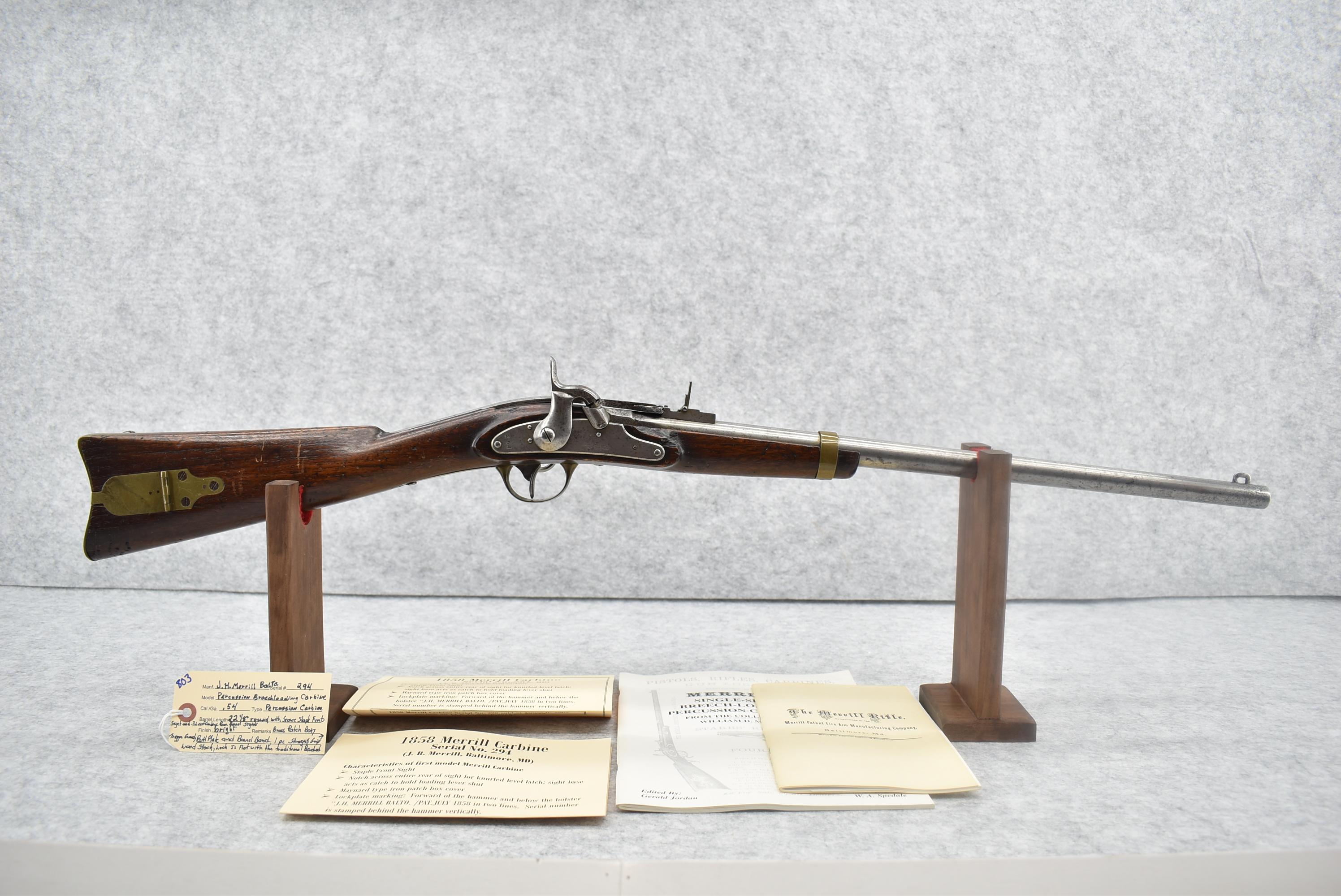 J.H. Merrill (Baltimore) – Serial #294 – 54 Cal. Breech Loading Percussion Carbine – Great Low Seria