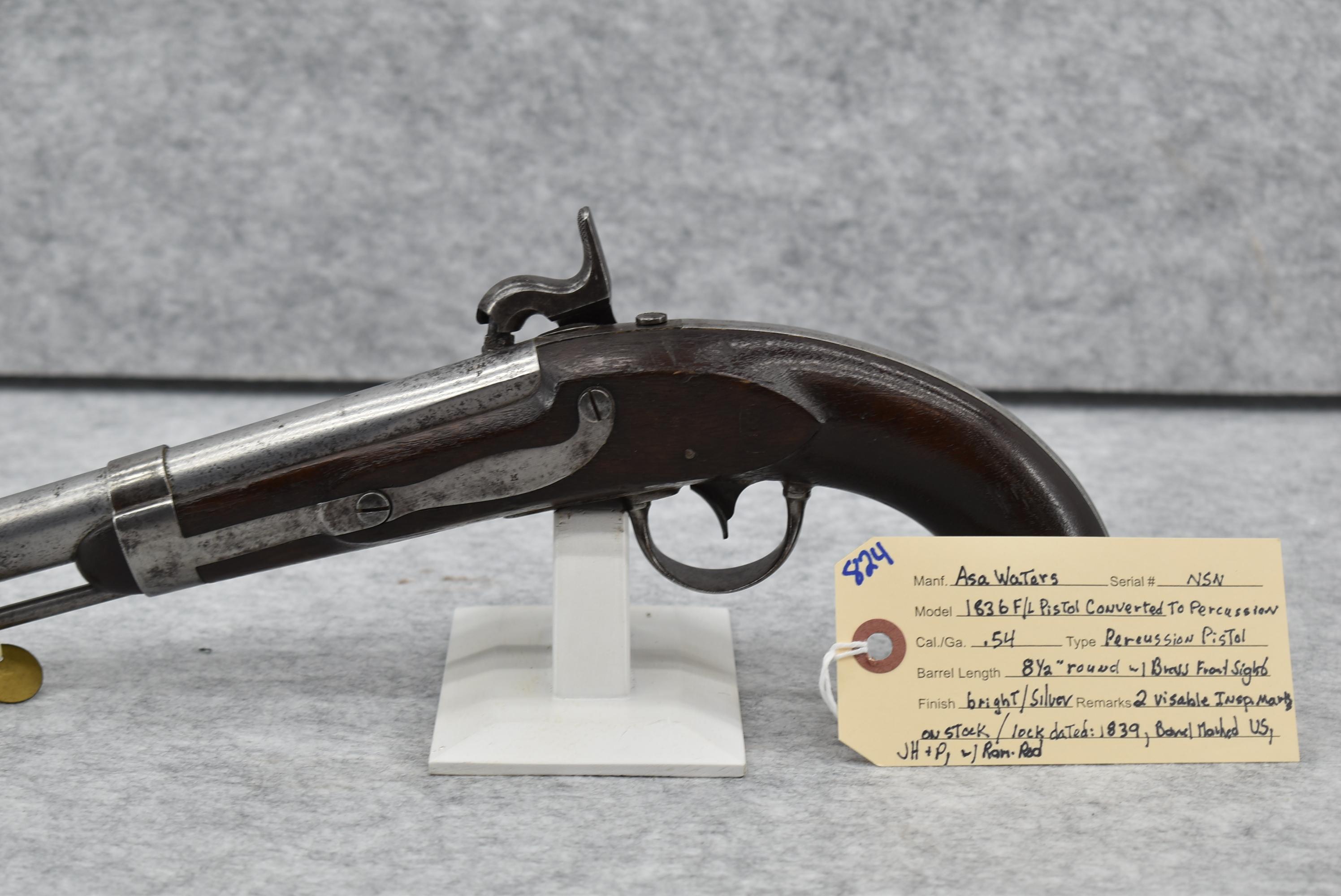 A. Waters – Mod. 1836 – 54 Cal. Converted to Percussion Pistol