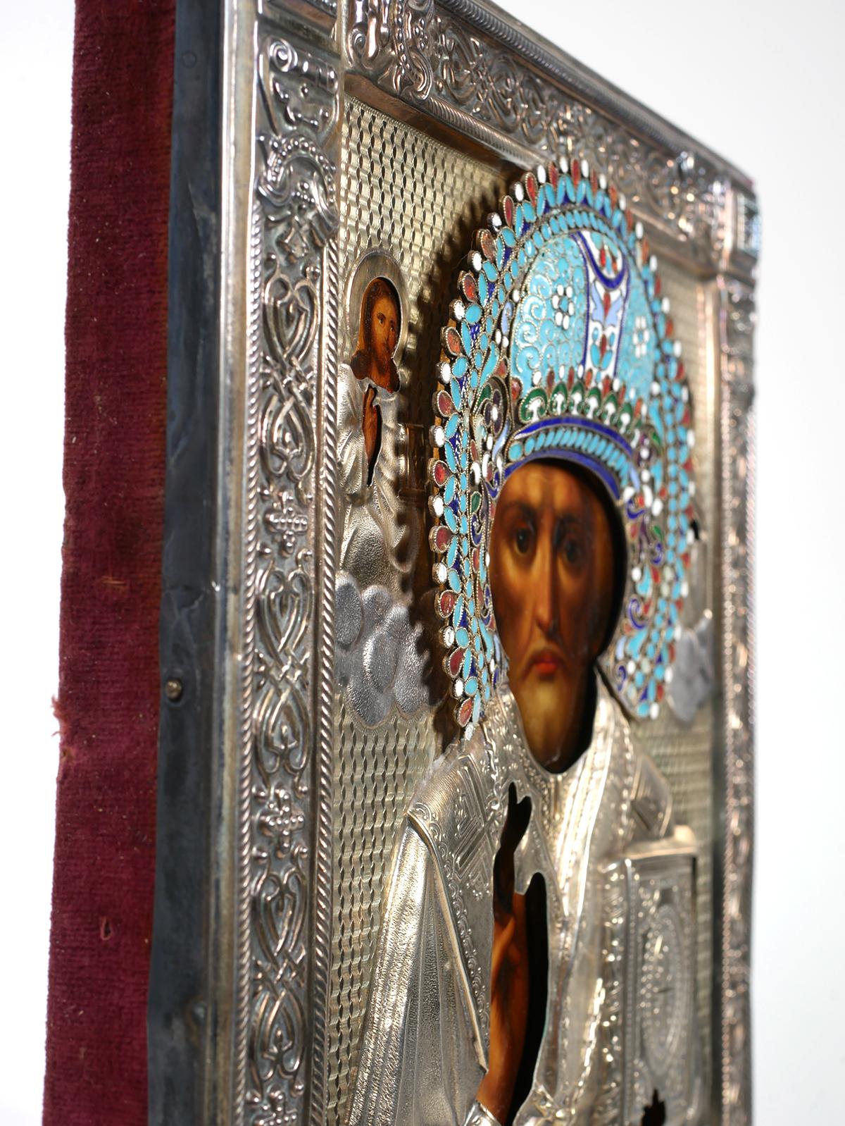 RUSSIAN ICON w Enamel Riza, St. Nicolas