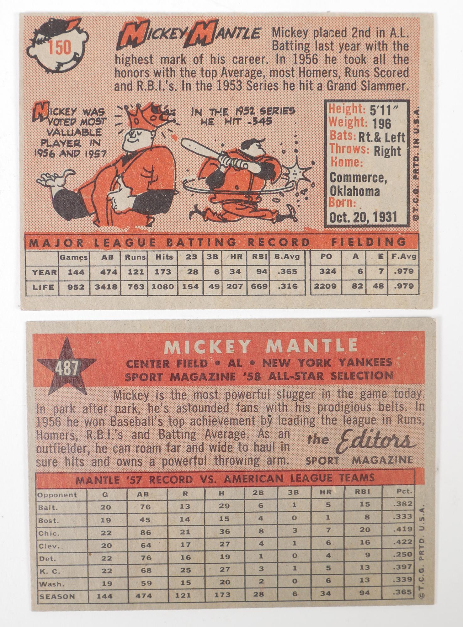 (2) 1958 Topps Mickey Mantle Baseball Cards