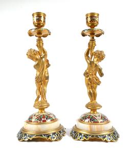 Pair of Champleve and Gilt Bronze Candlesticks