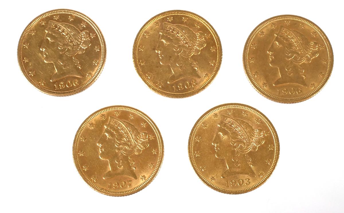 5 U.S. GOLD $5 Half Eagle Coins Liberty Head