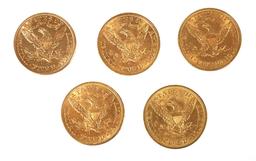 5 U.S. GOLD $5 Half Eagle Coins Liberty Head
