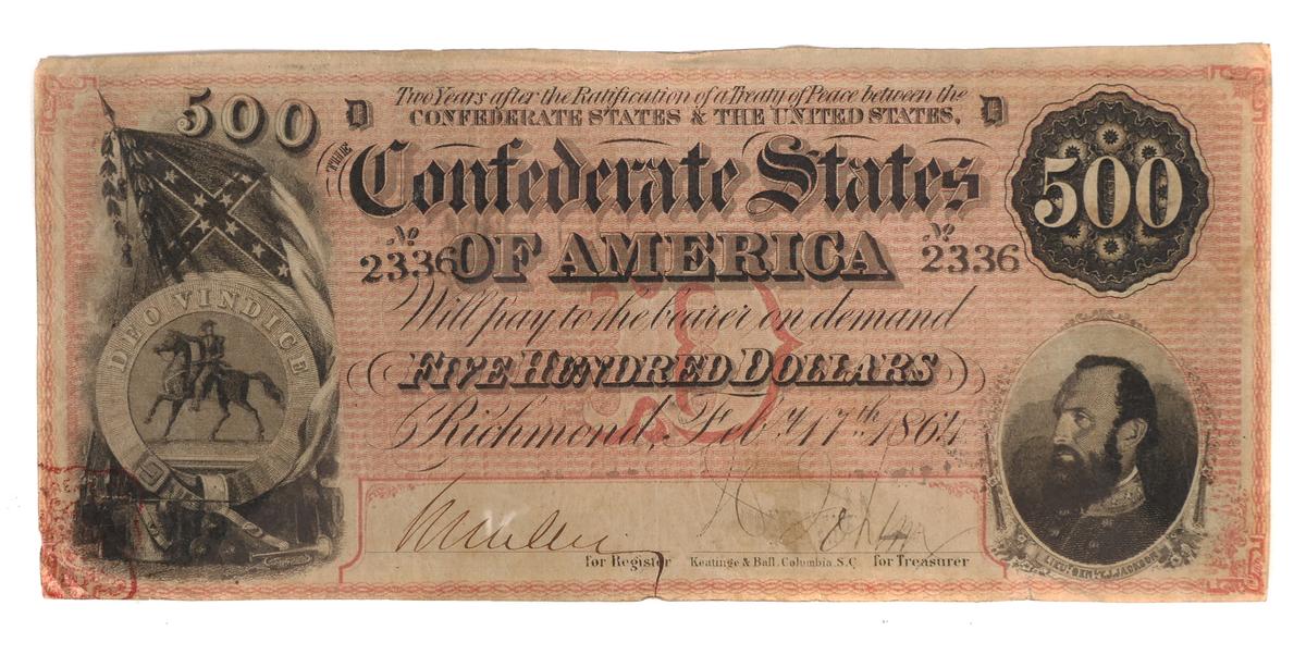 1864 Confederate $500 Stonewall Jackson Note