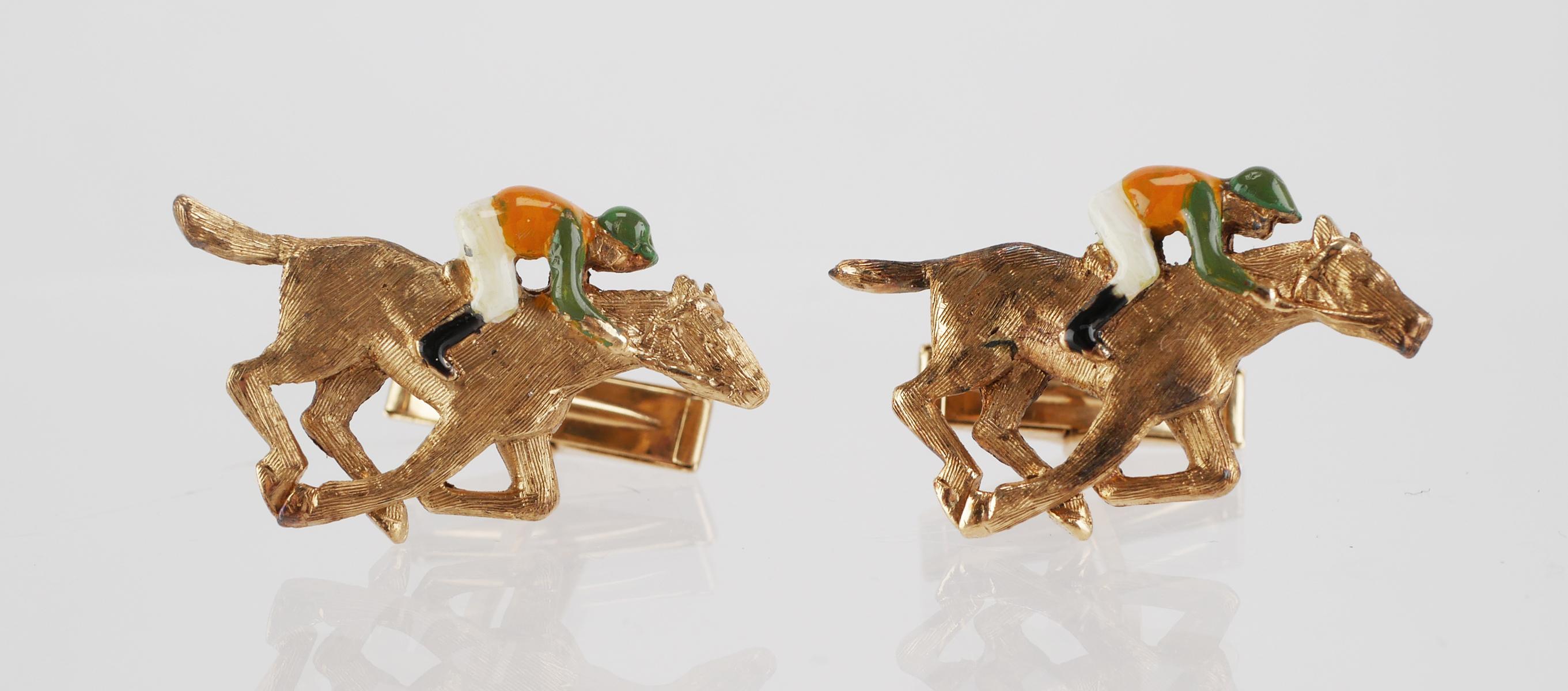 Pair 14K Gold Figural Jockey & Horse Cufflinks