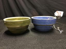 TWO 5" STONEWARE BOWLS, GREEN AND BLUE