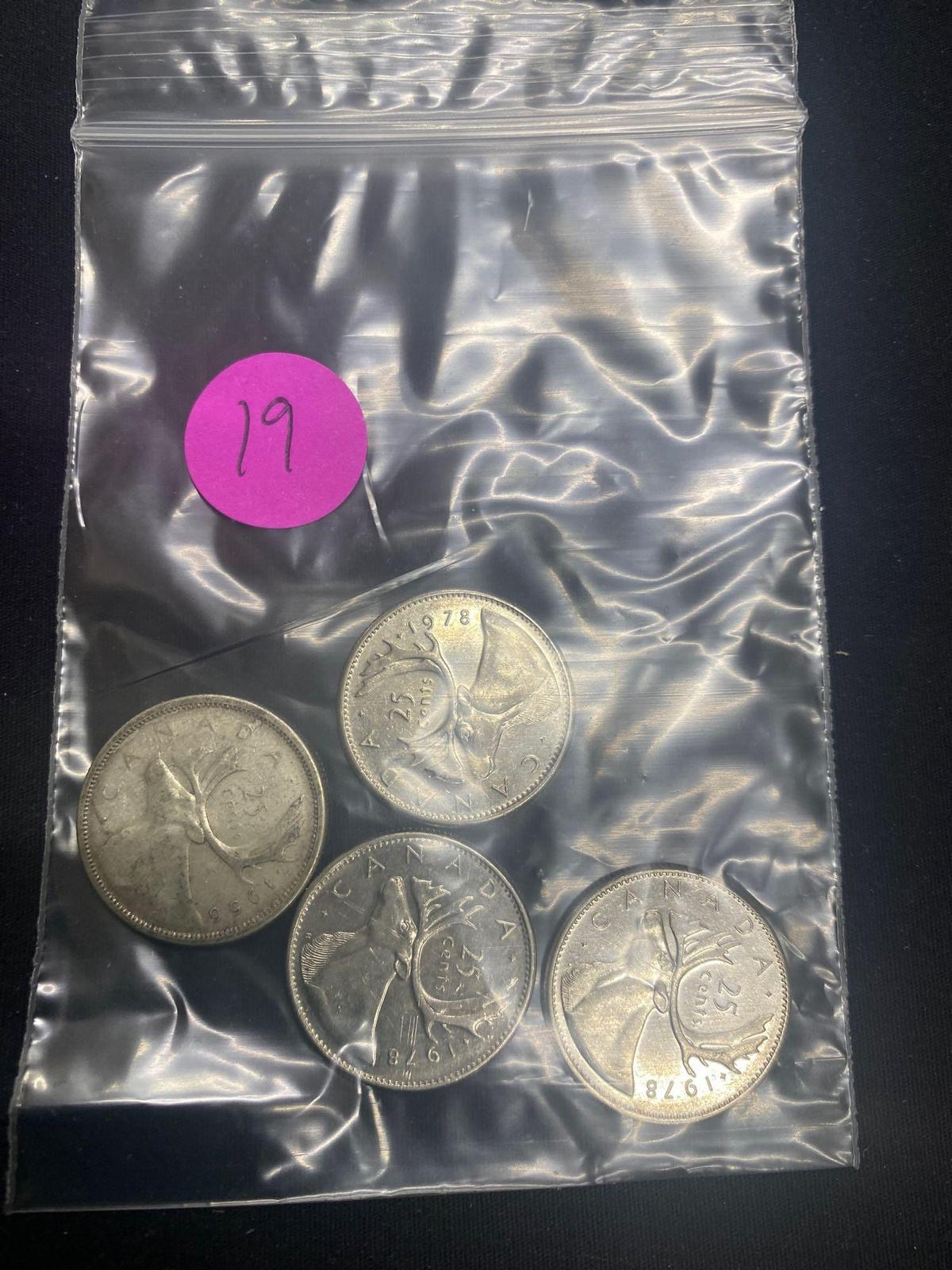 FOUR CANADIAN SILVER QUARTERS 1-1956, 3-1978